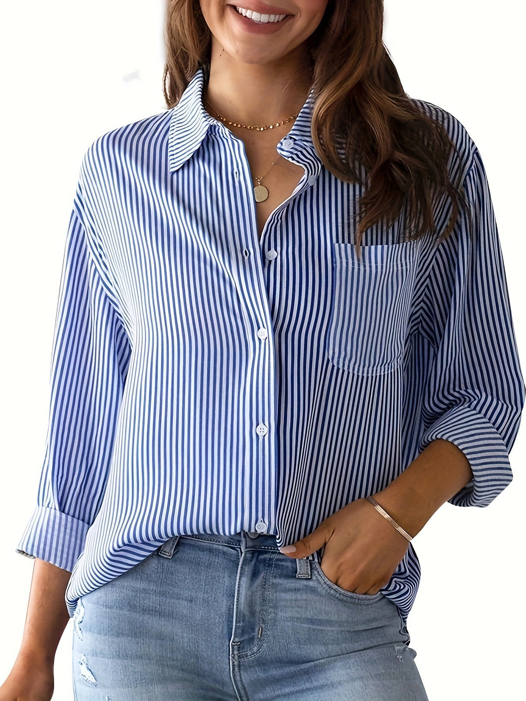 Damen Leichte Oversize-Hemdbluse mit vertikalen Streifen, Kentkragen und dreiviertelärmeln Drune