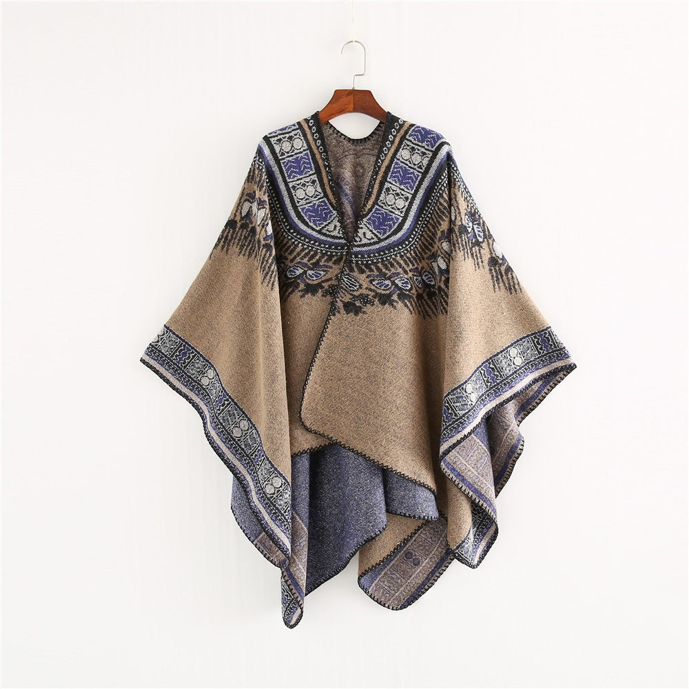 Damen Oversize-Poncho im Ethno-Jacquard mit V-Ausschnitt und strukturiertem Saum Drune