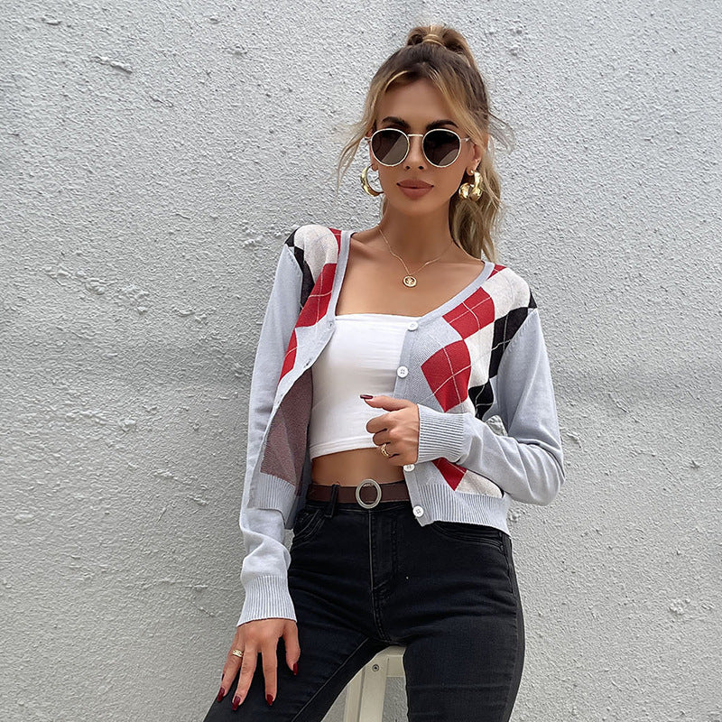 Damen Leichter Kurzcardigan mit Rautenmuster, V-Ausschnitt und Knopfleiste Drune