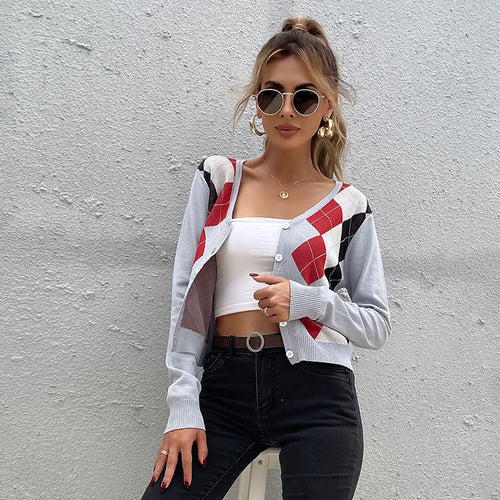 Damen Leichter Kurzcardigan mit Rautenmuster, V-Ausschnitt und Knopfleiste Drune