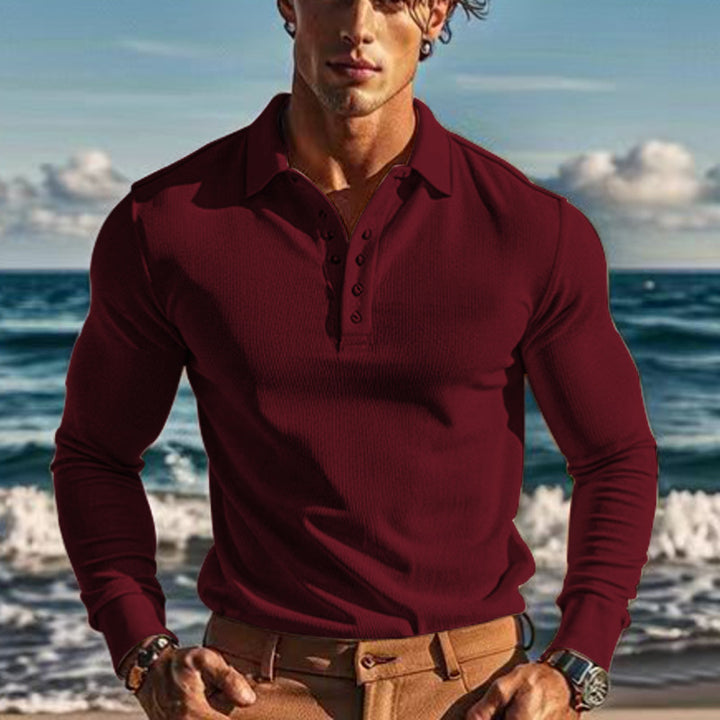Herren nan körperbetontes Langarm-Henley-Poloshirt aus feiner Rippenstruktur Drune