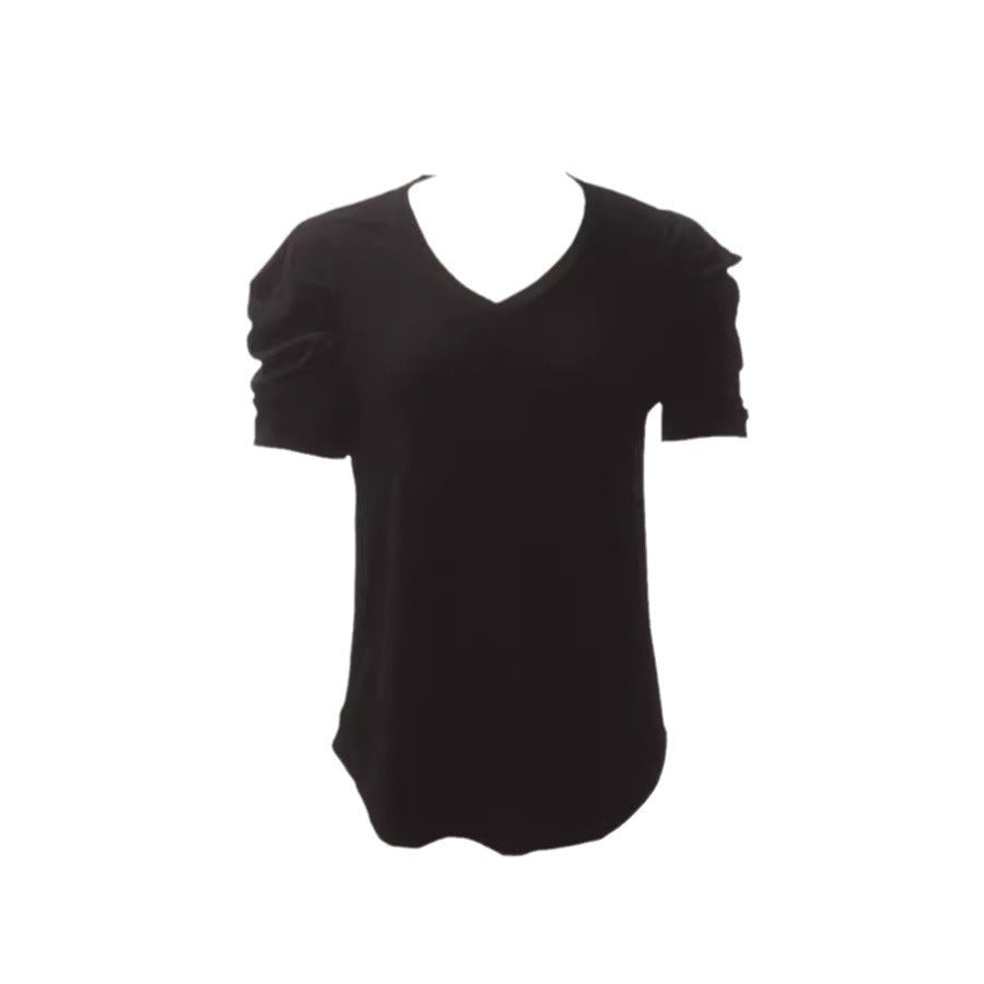 Damen trendiges V-Ausschnitt T-Shirt mit Puffärmeln Drune
