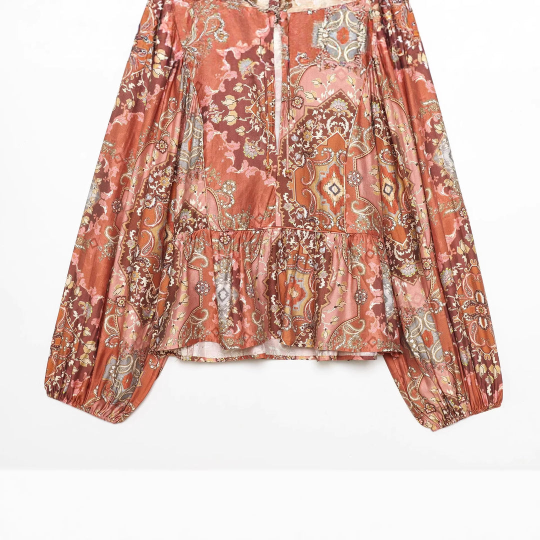 Damen nan Boho-Bluse mit Paisley-Print, Bindeband-Ausschnitt, geraffter Taille und voluminösen Ballonärmeln Drune