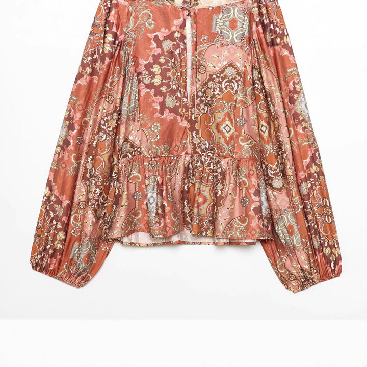 Damen nan Boho-Bluse mit Paisley-Print, Bindeband-Ausschnitt, geraffter Taille und voluminösen Ballonärmeln Drune