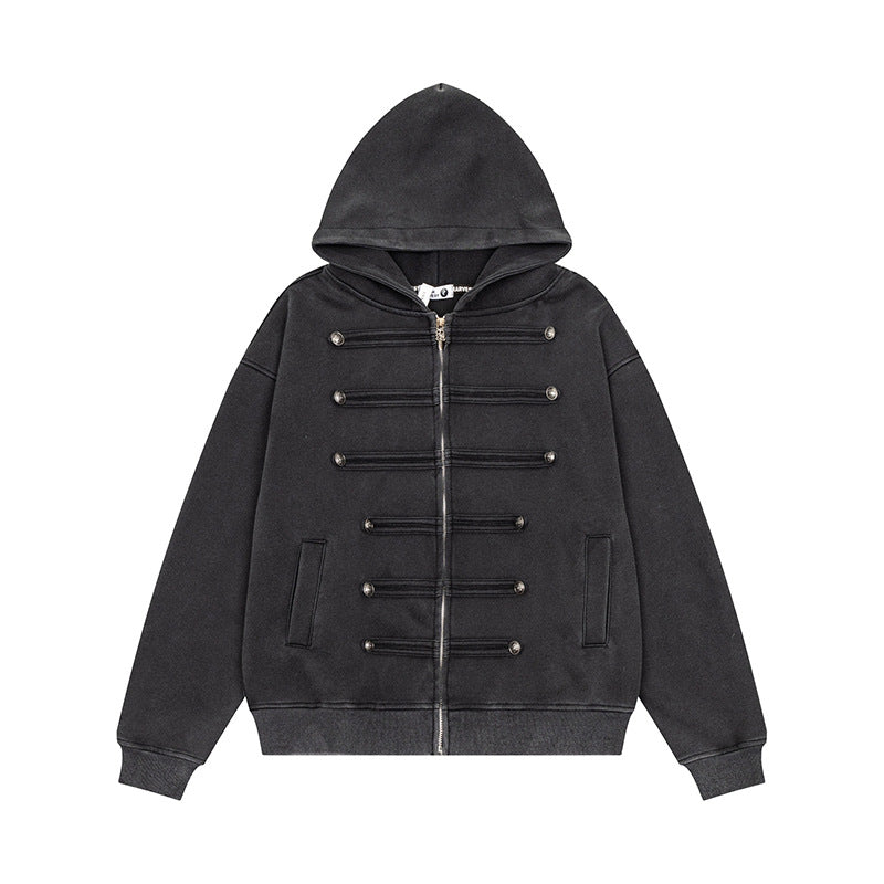 Damen Kapuzen-Sweatjacke mit dekorischer Doppelknopfleiste und Reißverschluss Drune