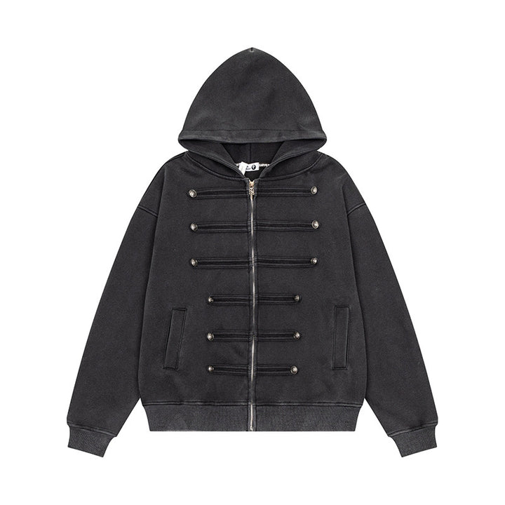 Damen Kapuzen-Sweatjacke mit dekorischer Doppelknopfleiste und Reißverschluss Drune