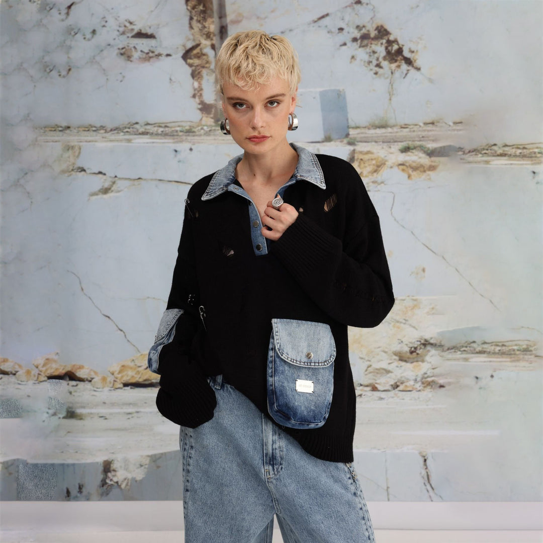 Damen Urbaner Oversized Pullover mit Denim-Details Drune