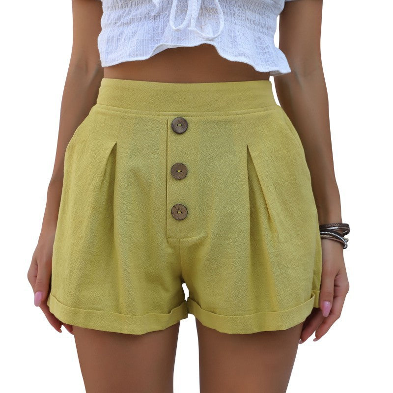 Damen Luftige Baumwollshorts mit dekorativer Knopfleiste Drune