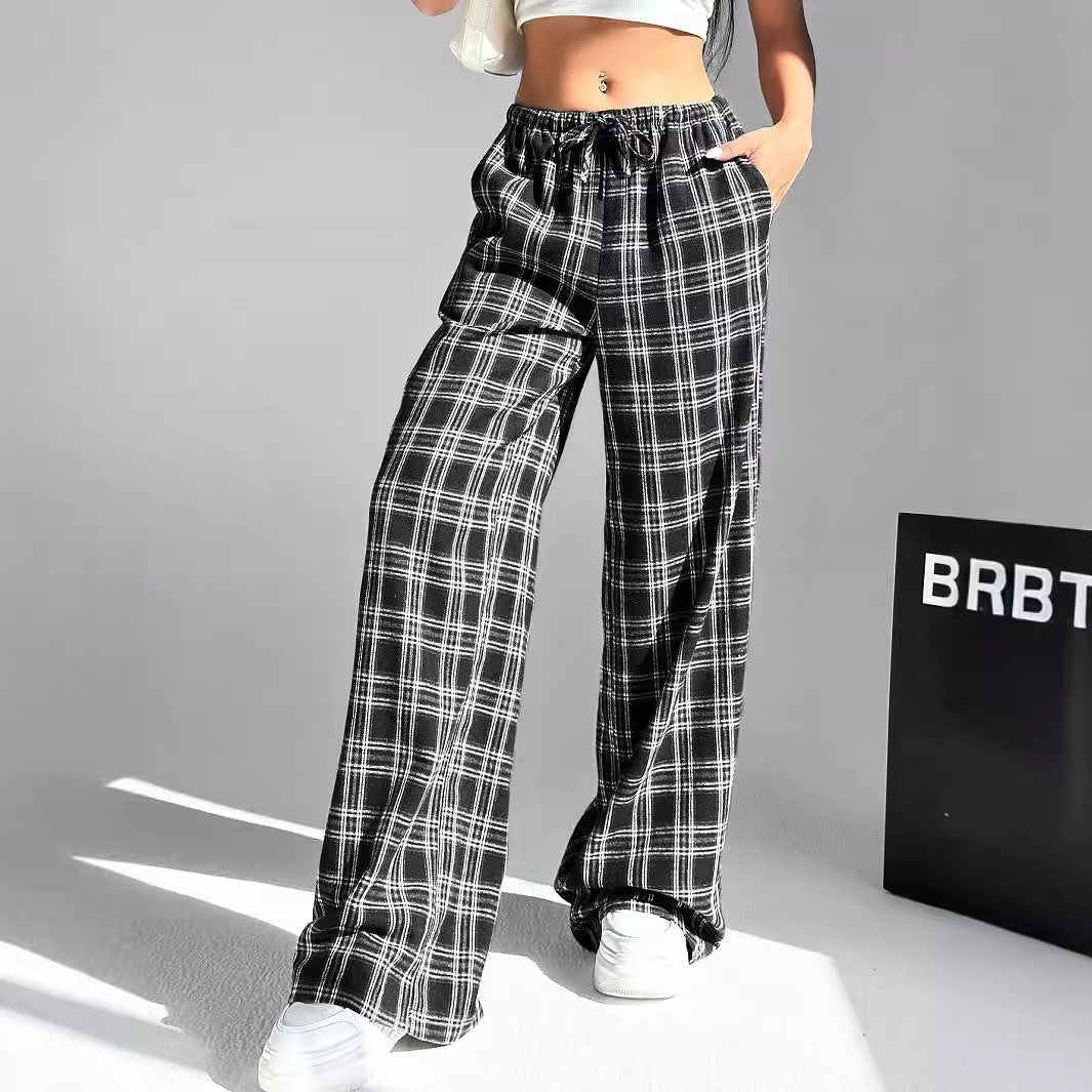 Damen weite Karo-Hose aus angenehmem Baumwollstoff mit Gummibund und seitlichen Taschen Drune