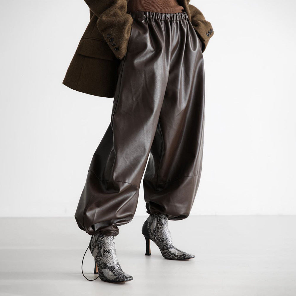 Damen Modische Kunstlederhose mit elastischem Bund Drune