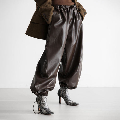 Damen Modische Kunstlederhose mit elastischem Bund Drune