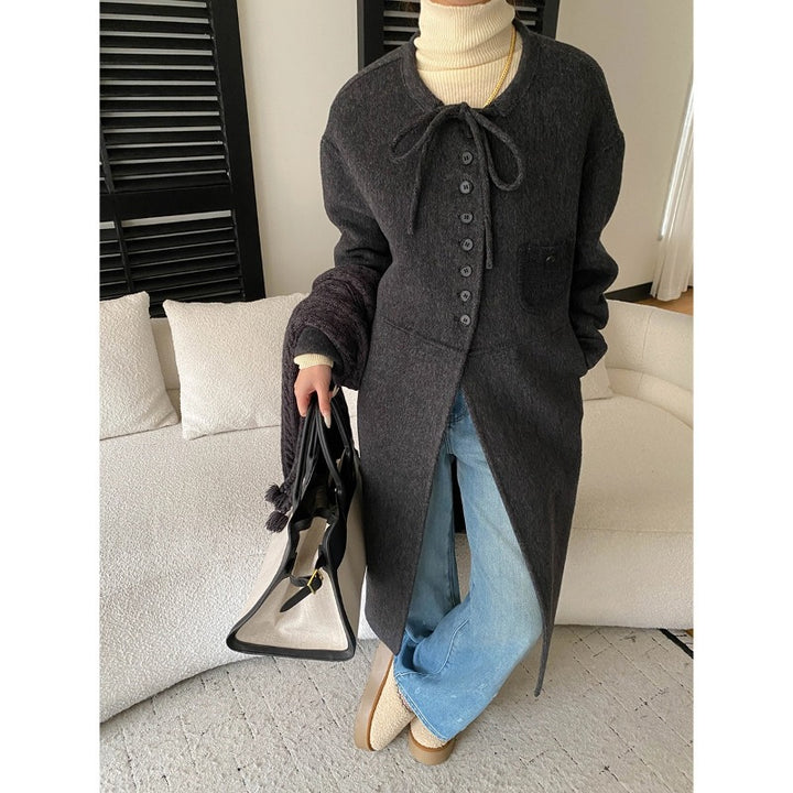 Damen lange Wolljacke mit Knopf- und Kordelzugdetails Drune