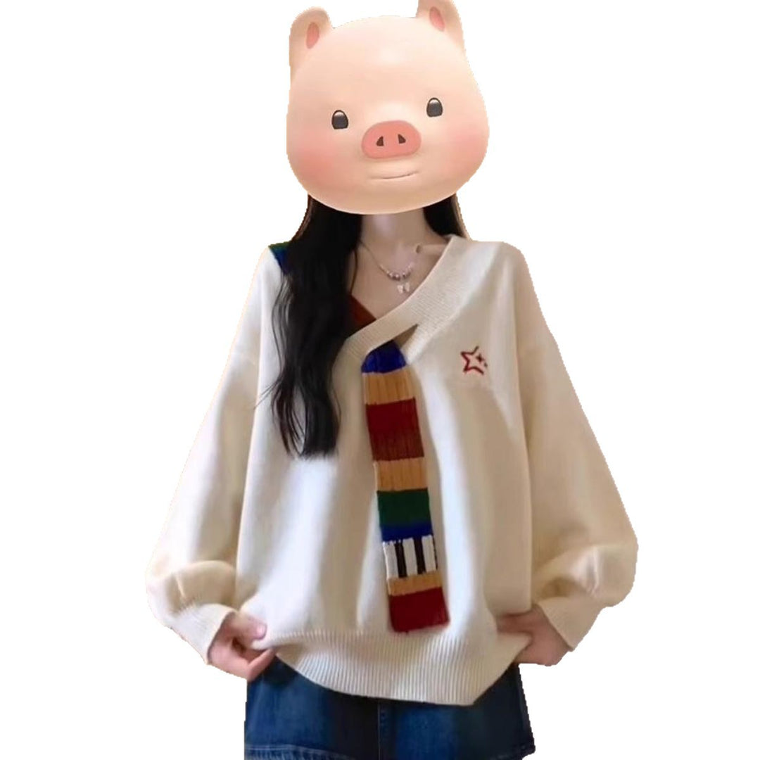 Damen Modischer Pullover mit V-Ausschnitt und bunten Streifen Drune