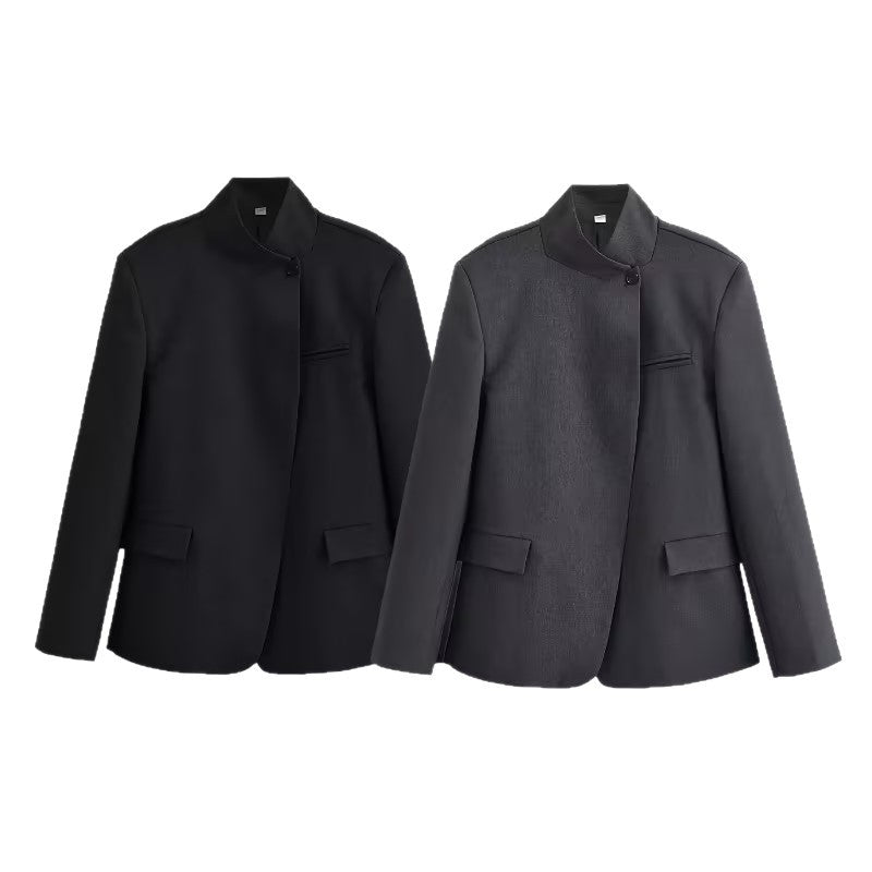 Damen Strukturierter Kurzblazer im Minimalstil mit Stehkragen und verdeckter Knopfleiste Drune
