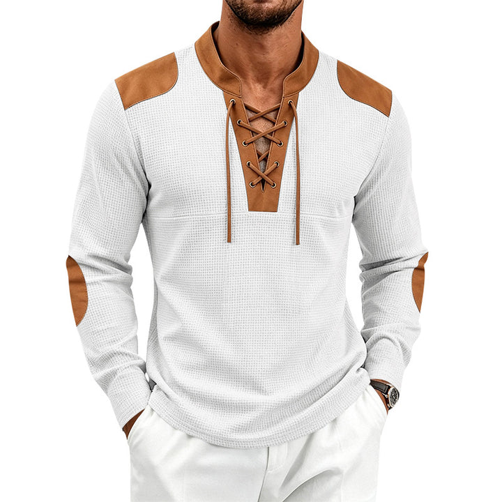 Herren Langarm-Waffelshirt mit Schnürkragen und Kunstlederapplikationen Drune