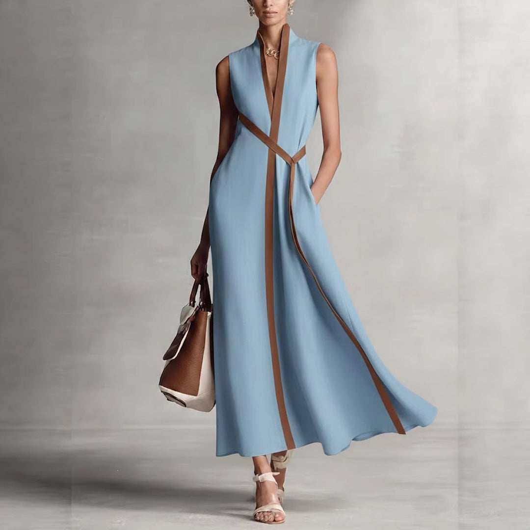 Damen elegantes Maxikleid mit Taillenschnitt und schmalem Gürtel Drune