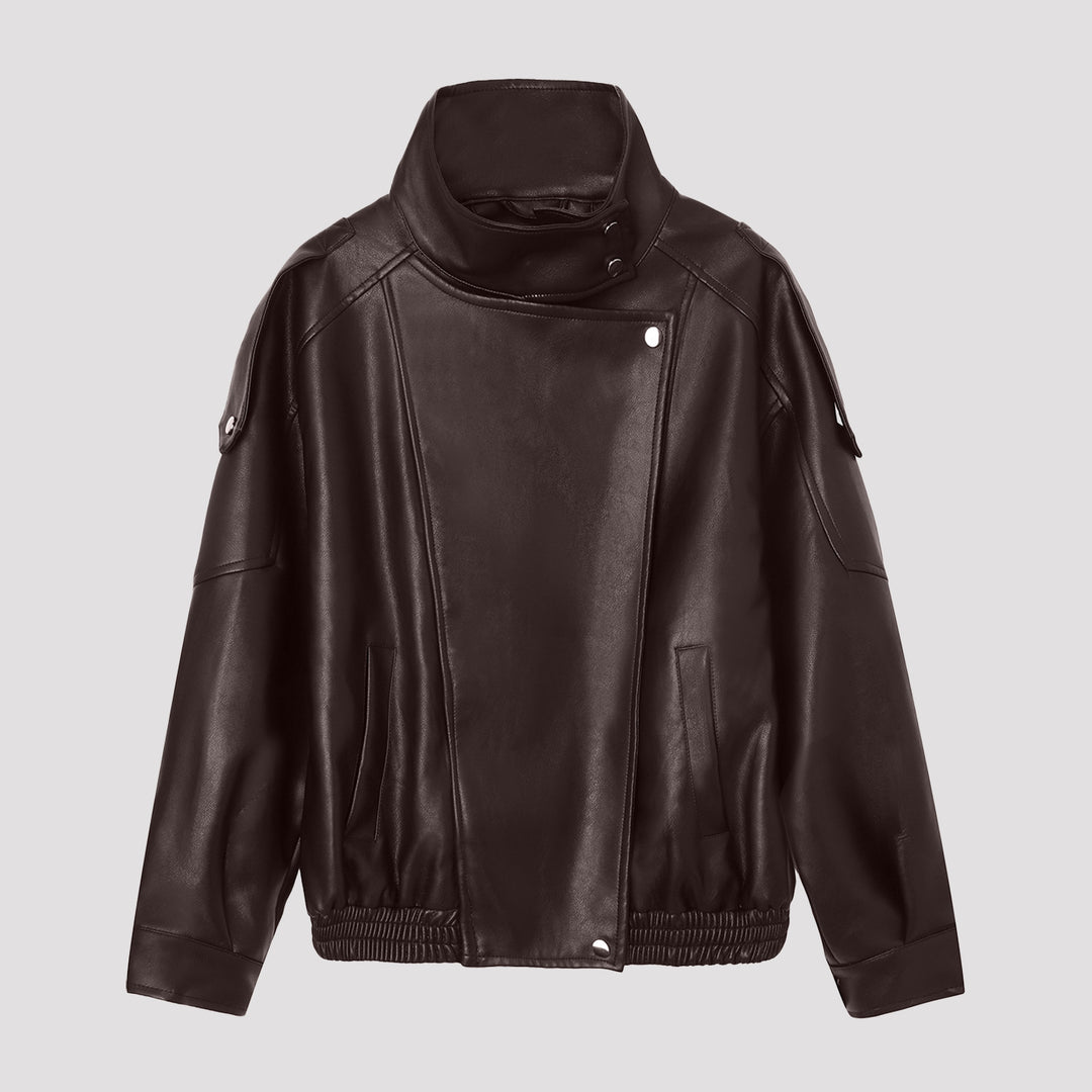 Damen Modische Lederjacke mit Stehkragen Drune