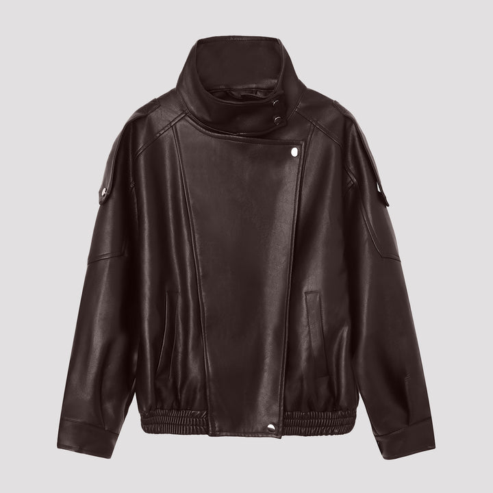 Damen Modische Lederjacke mit Stehkragen Drune