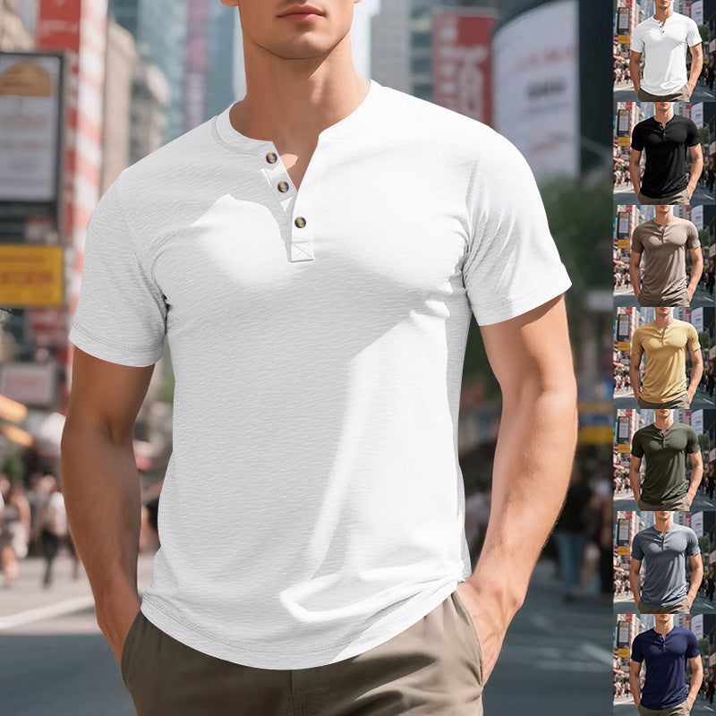 Herren Kurzarm-Henley-T-Shirt aus weicher Baumwolle mit dekorativer Knopfleiste Drune
