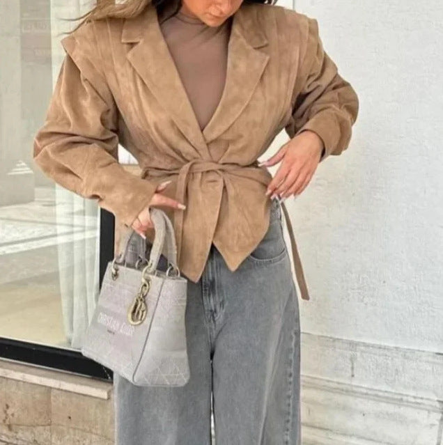 Damen Modische Wildlederjacke mit Taillengürtel Drune