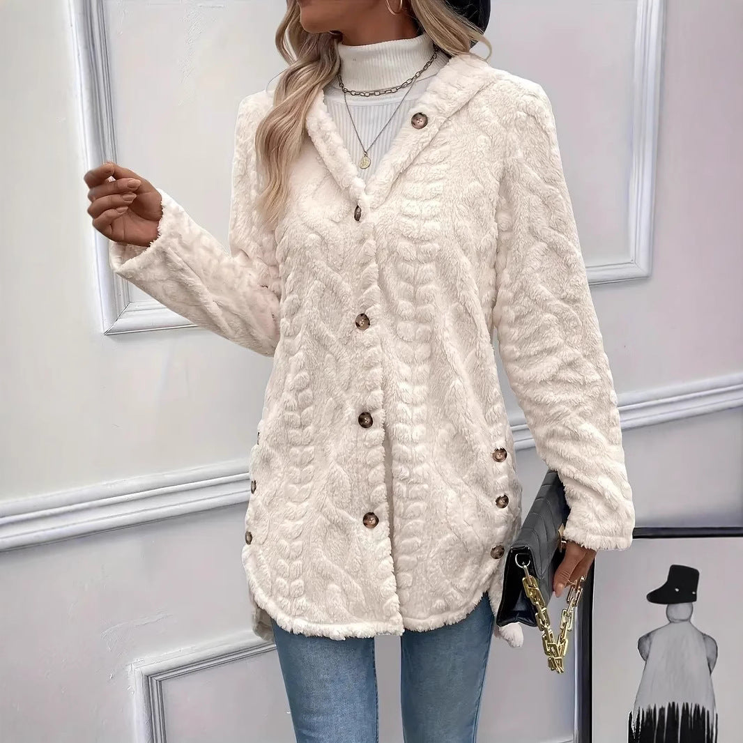 Damen Plüschjacke mit Kapuze und Knopfverschluss Drune