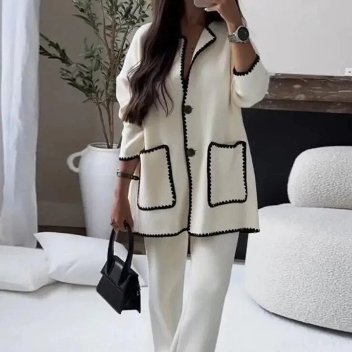 Damen Elegant geschnittene Blazerjacke mit kontrastierenden Details und weit geschnittenen Hosen Drune