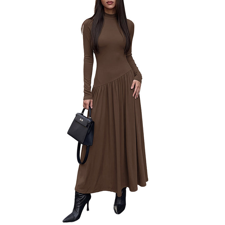 Damen Elegantes Maxikleid mit langen Ärmeln und hohem Kragen Drune