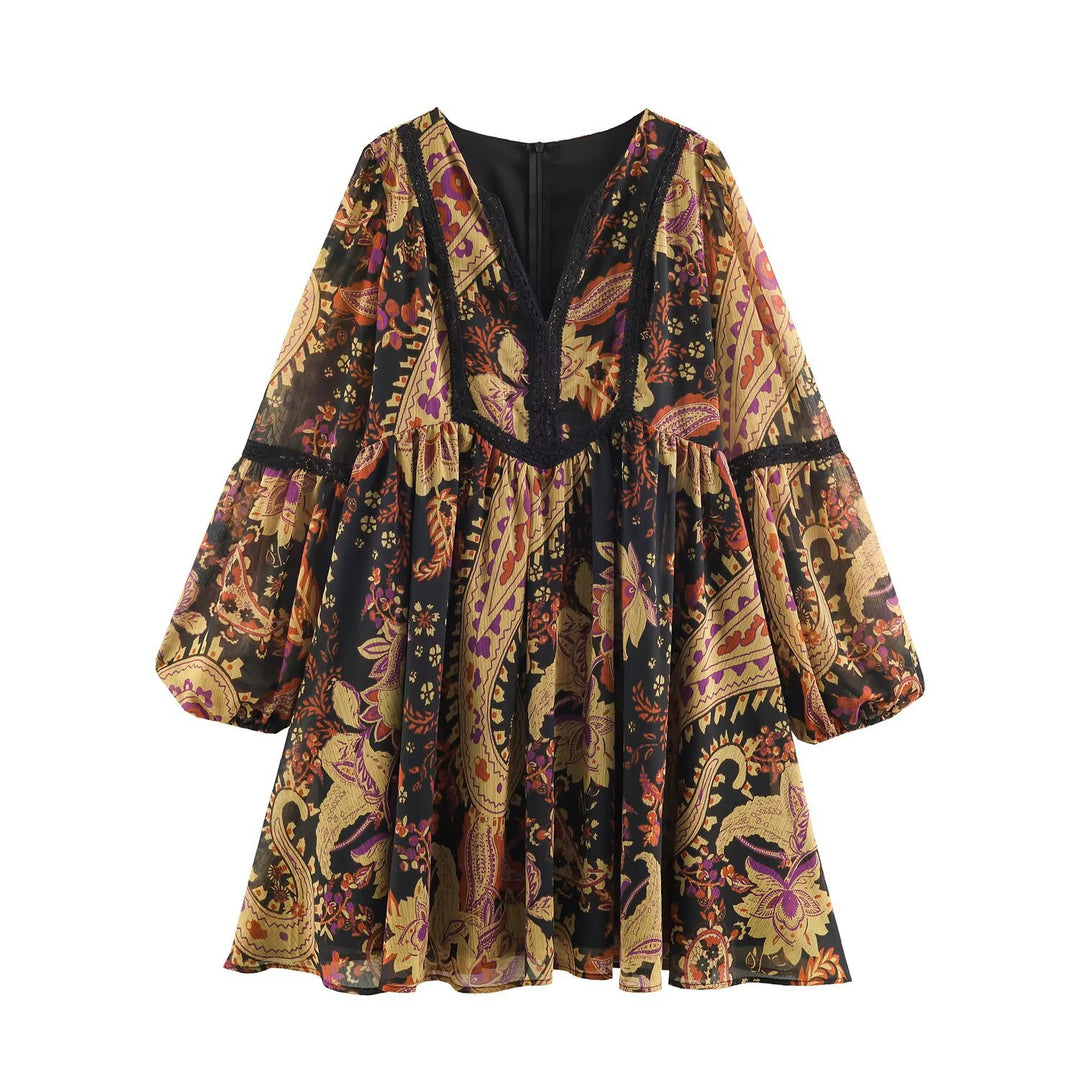 Damen Boho-Minikleid mit V-Ausschnitt, Spitzenbesatz und Ballonärmeln Drune