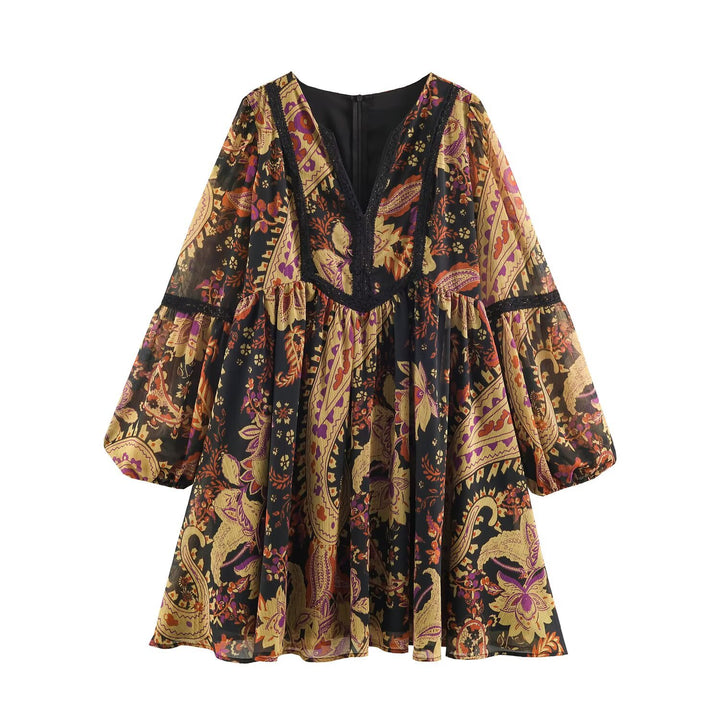 Damen Boho-Minikleid mit V-Ausschnitt, Spitzenbesatz und Ballonärmeln Drune