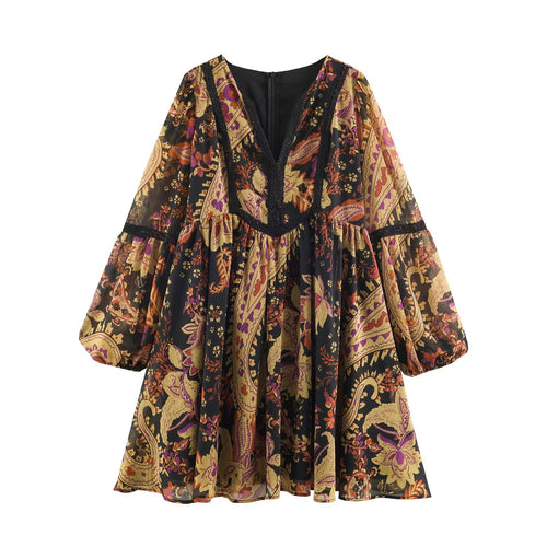Damen Boho-Minikleid mit V-Ausschnitt, Spitzenbesatz und Ballonärmeln Drune