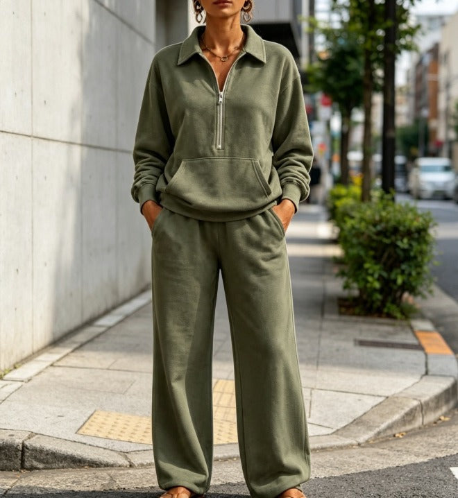 Damen Lässiges Sweat-Set mit Halbzip-Pullover und weiter Jogginghose Drune