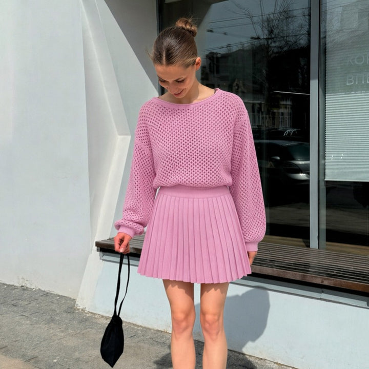 Damen oversized Netzstrickpullover mit plissiertem Minirock-Set Drune
