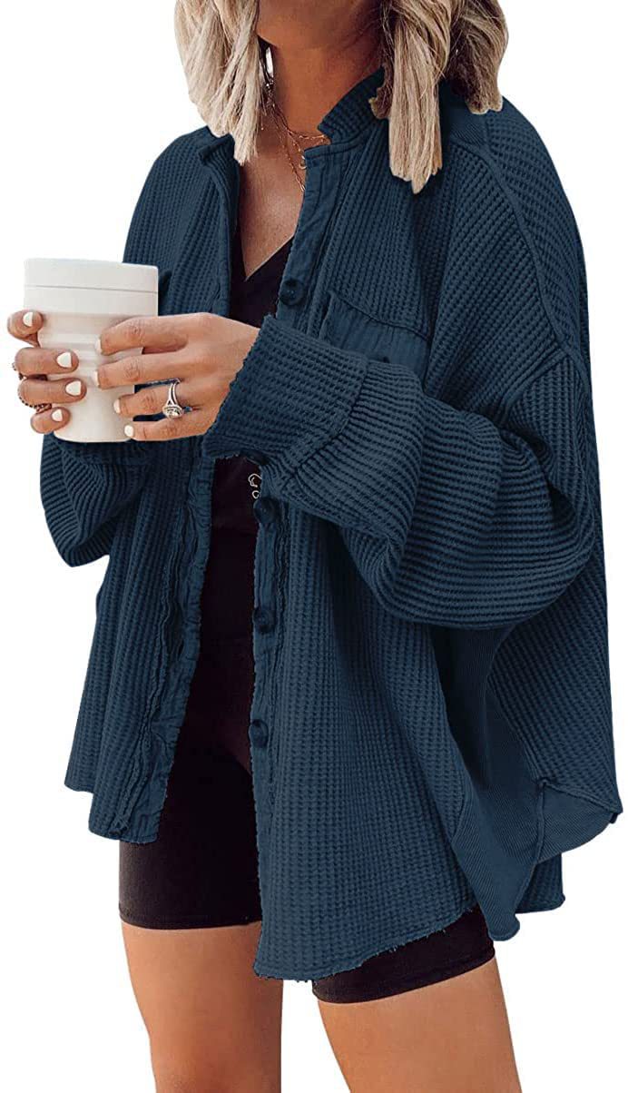 Damen Lässige Waffle-Strickjacke mit praktischen Taschen und Knopfdetails Drune
