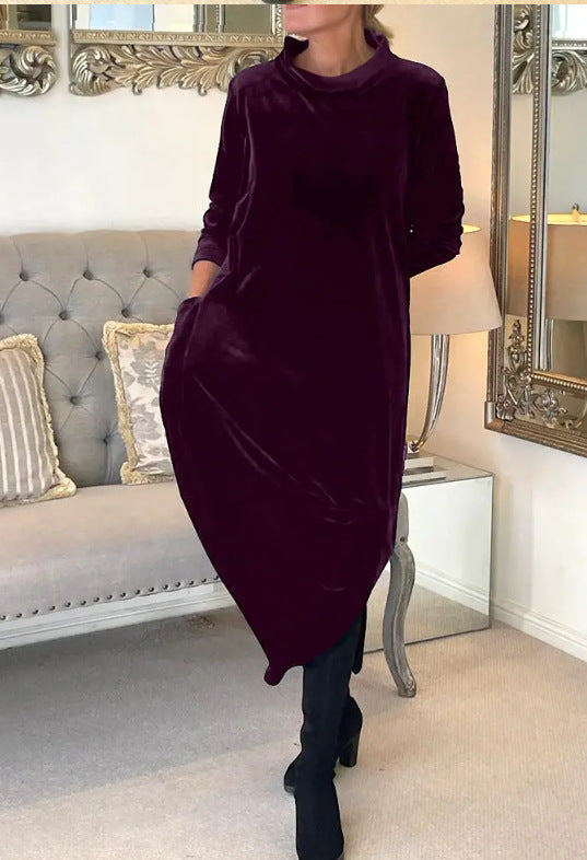 Damen Elegantes Samt Maxi Kleid mit Hohem Rollkragen, Seitentaschen und Lockere Silhouette Drune
