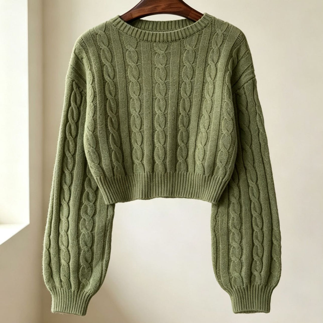 Damen Cropped Zopfmuster-Strickpullover mit kastiger Silhouette und Ballonärmeln Drune