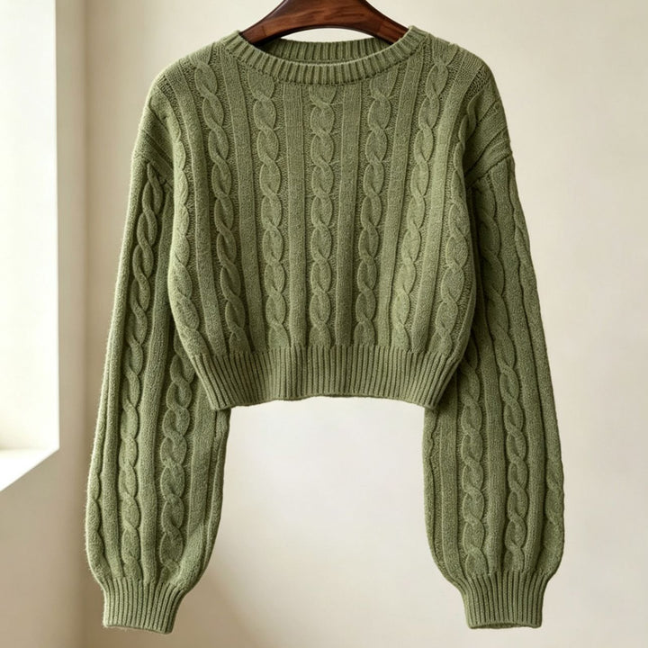 Damen Cropped Zopfmuster-Strickpullover mit kastiger Silhouette und Ballonärmeln Drune