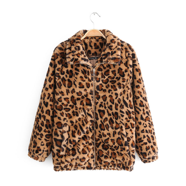 Damen Kunstfelljacke mit Leopardenmuster, durchgehendem Reißverschluss und elastischem Saum Drune