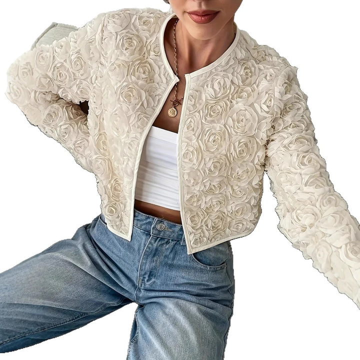 Damen kurz geschnittene Blütenjacke mit floralem Design und sanften Texturen Drune