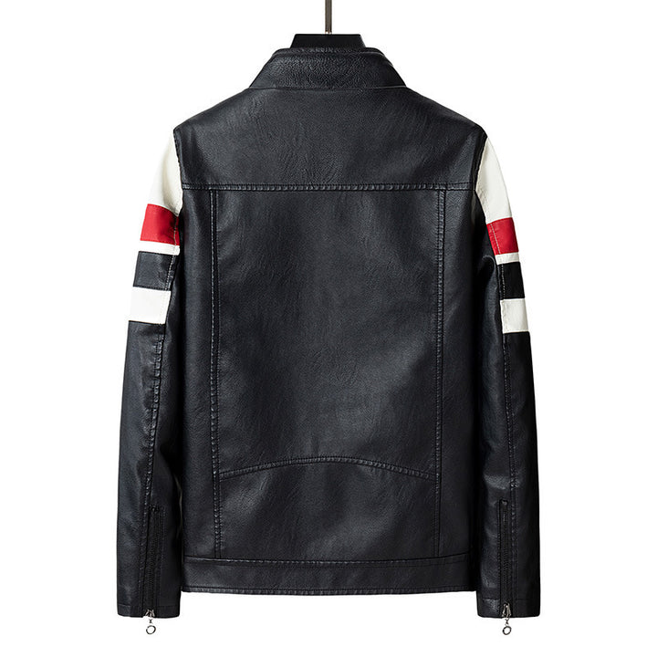 Herren Retro‑Racer Kunstlederblouson mit Stehkragen, kontrastierenden Streifen und Zwei‑Wege‑Reißverschluss Drune