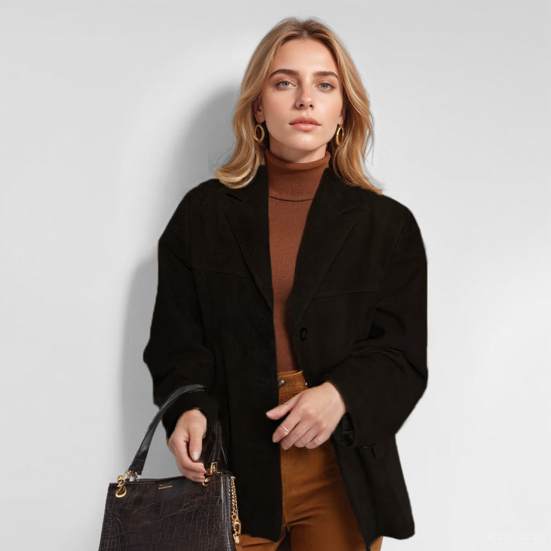 Damen nan weit geschnittene Wildlederjacke mit Reverskragen und aufgesetzten Taschen Drune