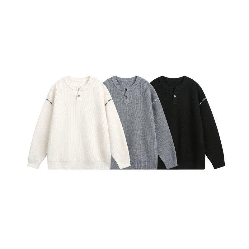 Unisex Grobstrick-Henley-Pullover mit Knopfleiste und Drop-Shoulder Drune