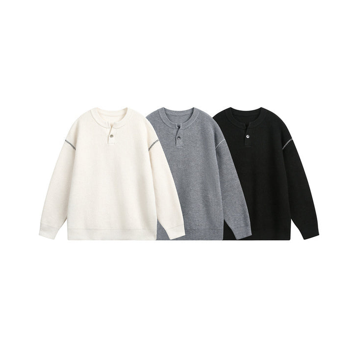 Unisex Grobstrick-Henley-Pullover mit Knopfleiste und Drop-Shoulder Drune