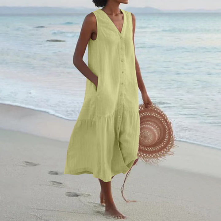 Damen luftiges Maxikleid mit Knopfleiste und praktischen Taschen Drune