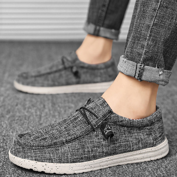 Herren lässiger Mokassin-Slipper aus Leinenstoff mit gepolsterter Komfortsohle und elastischem Schnürzug Drune