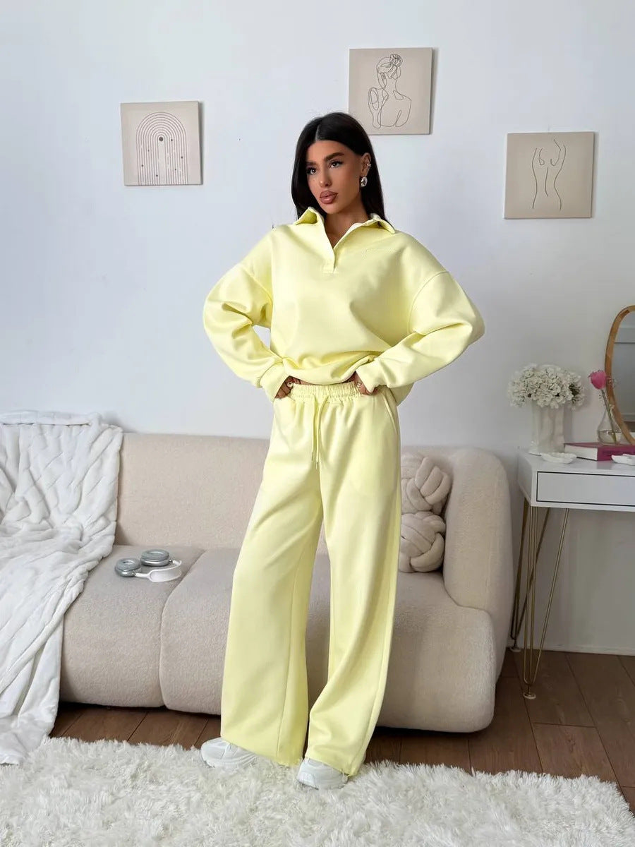 Damen weites Polo-Lounge-Set mit elastischem Tunnelzugbund und Wide‑Leg-Jogginghose Drune