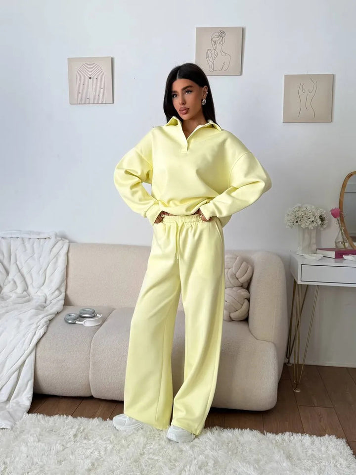 Damen weites Polo-Lounge-Set mit elastischem Tunnelzugbund und Wide‑Leg-Jogginghose Drune