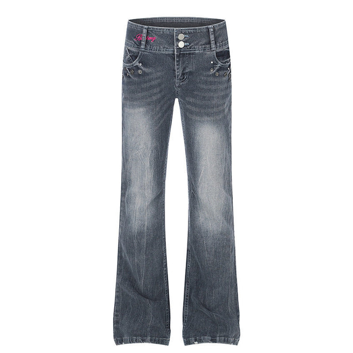 Damen High‑Waist Flared-Jeans mit weitem Bein, Doppelknopf und Nieten-Detail Drune
