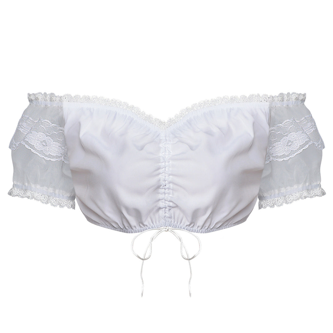 Damen nan Spitzenbolero Bluse mit Stehkragen, 3/4 Ärmeln und Bindeband Drune