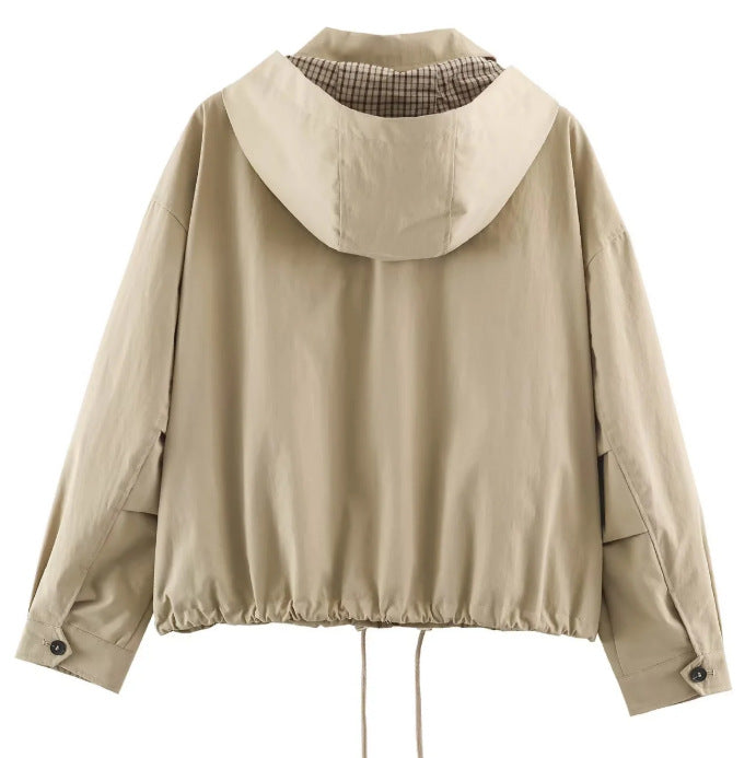 Damen Leichte Kapuzenjacke im Boxy‑Schnitt mit Kordelzug und Karofutter Drune