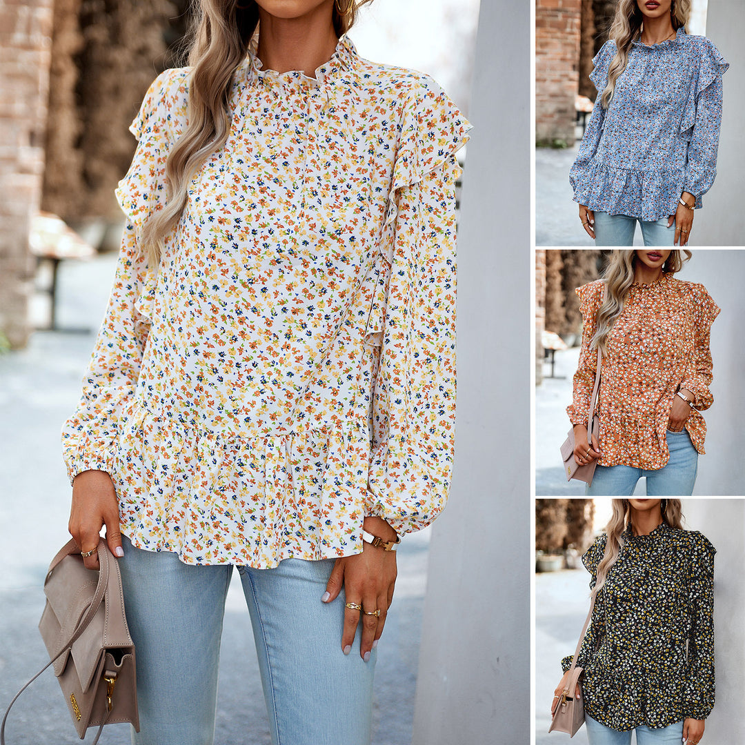 Damen nan geblümte Chiffon-Bluse mit gerafftem Stehkragen, Volant-Schultern und tailliertem Stufen-Saum Drune